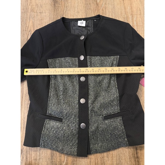 Chic Women Size 6 Black Grey Colorblock Tweed Panel Snap Button Jacket NWT